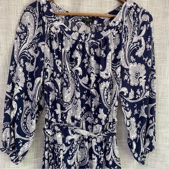 Talbots Flounce Hem Midi Dress Navy Blue White Paisley Large Petite - Picture 2 of 7